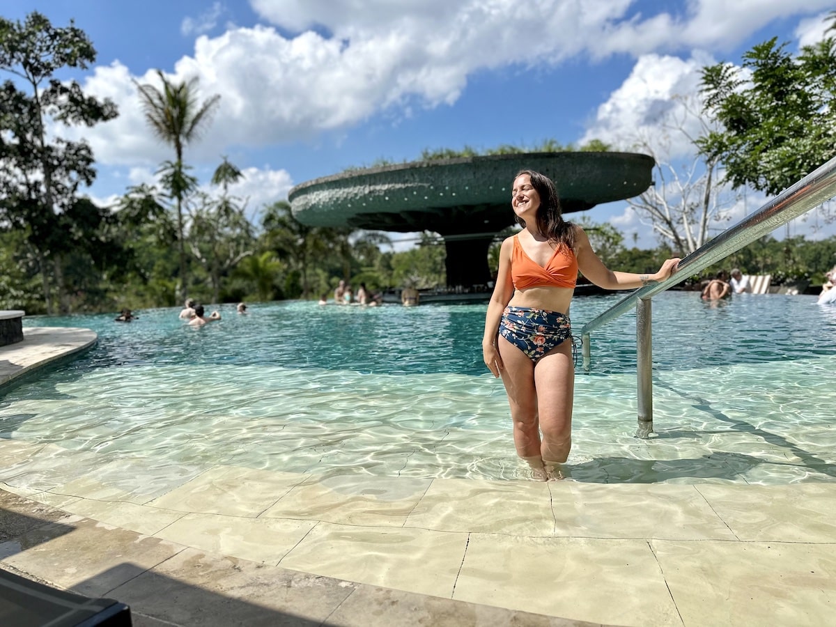 woman in the pool of a vegan resort in Bali