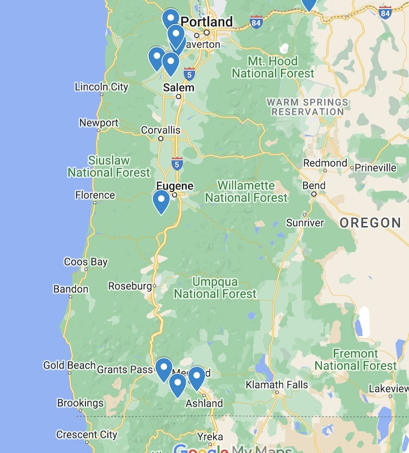 map of the biodynamic wineries in Oregon