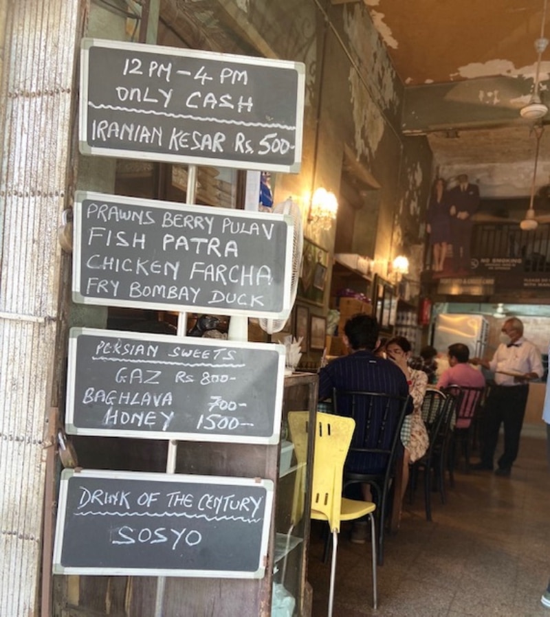 Chalkboard menus are common at Parsi cafes in Mumbai, India