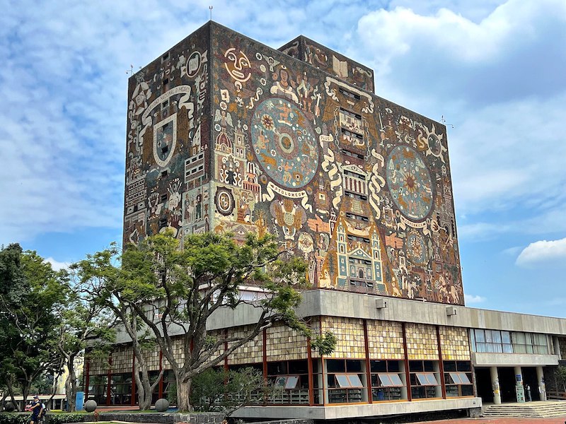 art on the facade of the UNAM Central Library in Mexico City