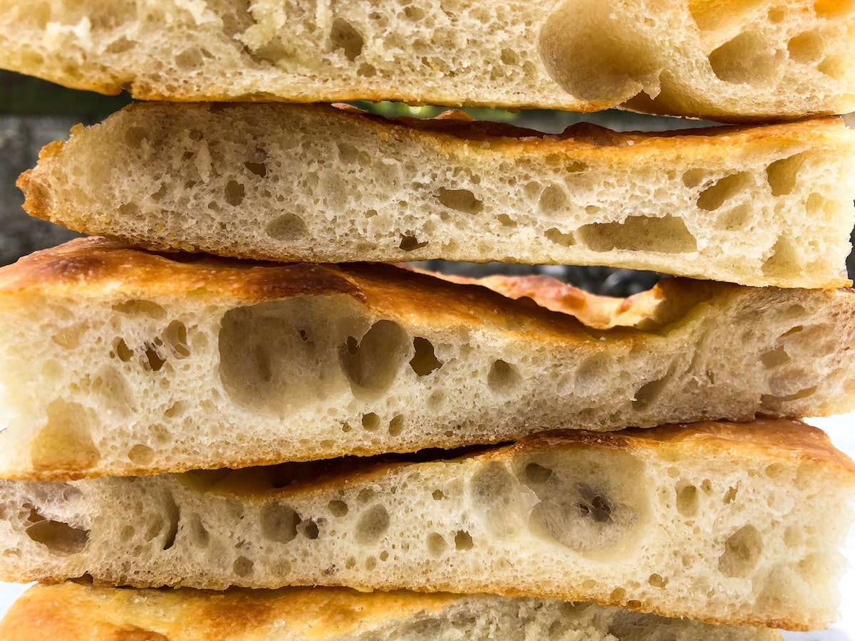 a stack of fluffy vegan focaccias
