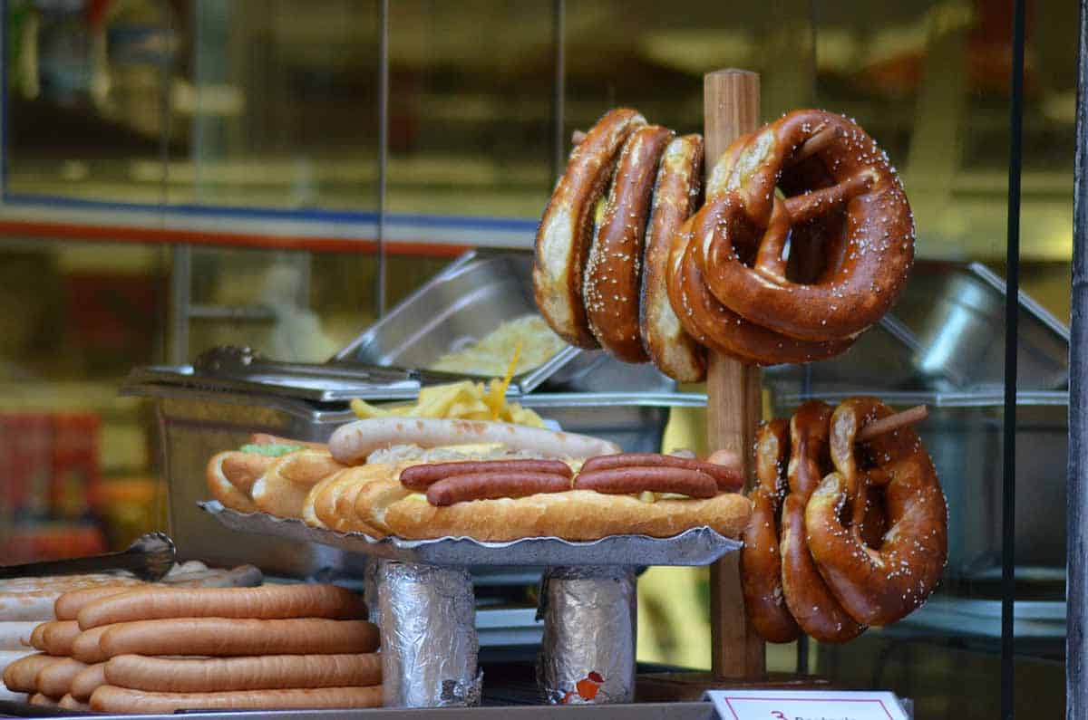 Pretzels and sausages in a market.