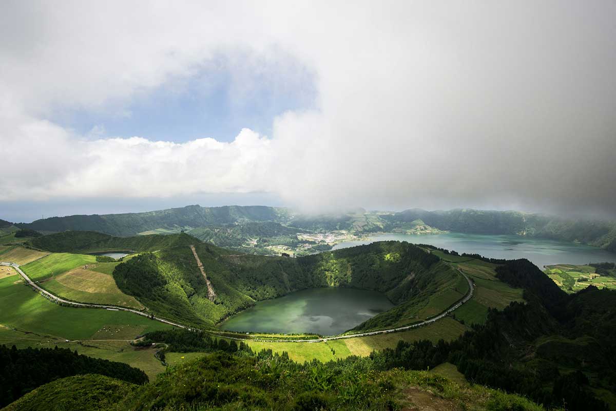 An aerial view of Sete Cidades, Portugal.