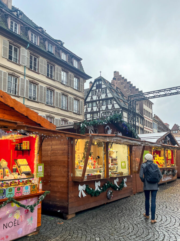 stalls selling gifts at a Christmas market in Strasbourg, France