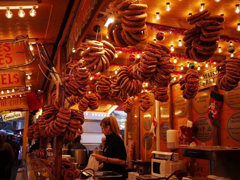 Pretzels (bretzels) dangling from the ceiling at a market in Strasbourg
