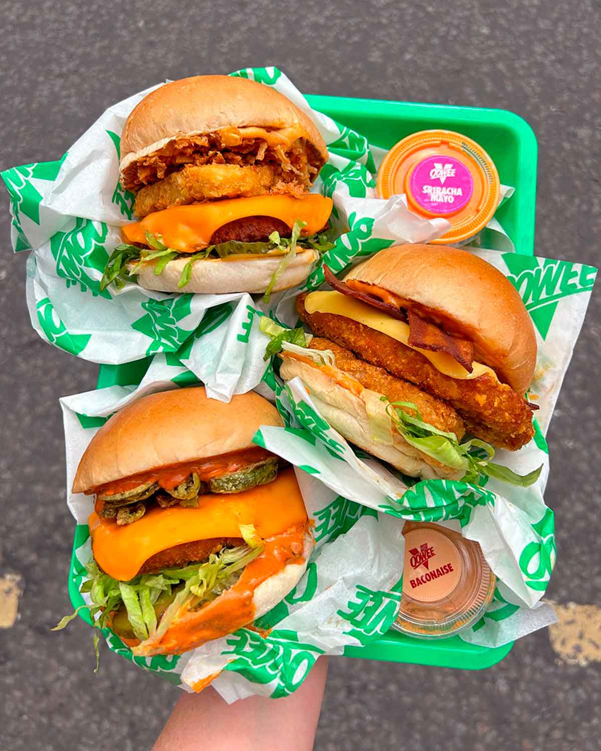 A tray with vegan burgers from Oowee Vegan in Brighton, UK.