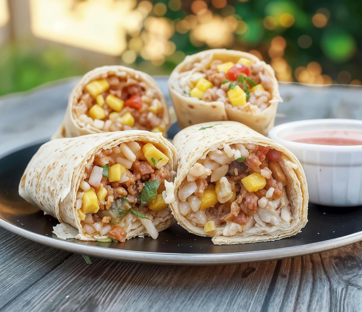 Two vegan burritos sliced in half and arranged on a black plate. The burritos are filled with rice, corn, diced tomatoes, onions, and plant-based meat, creating a colorful and hearty filling. A small cup of salsa is placed beside the burritos for dipping. 