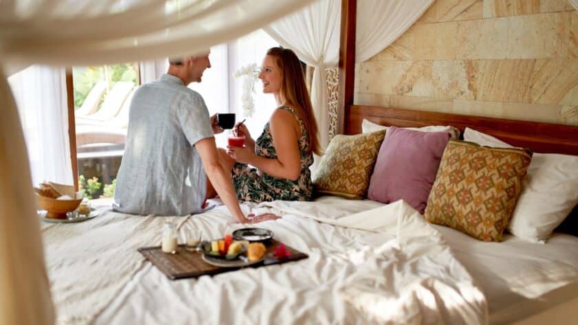 couple enjoying a vegan meal at a resort in Greece