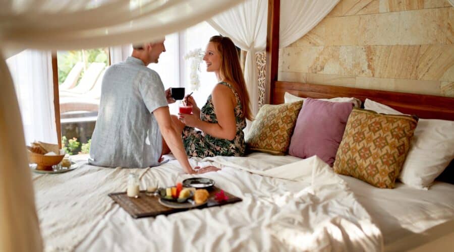 couple enjoying a vegan meal at a resort in Greece