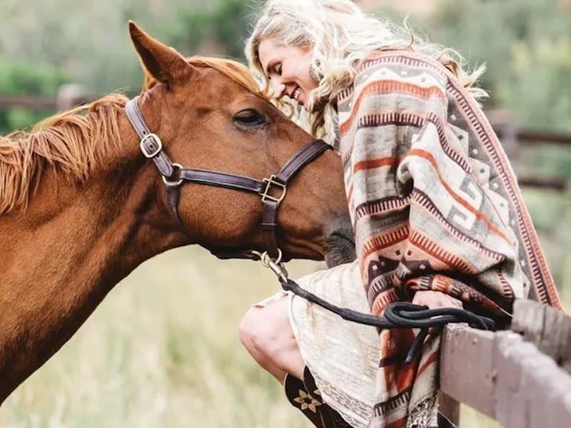 woman petting a horse