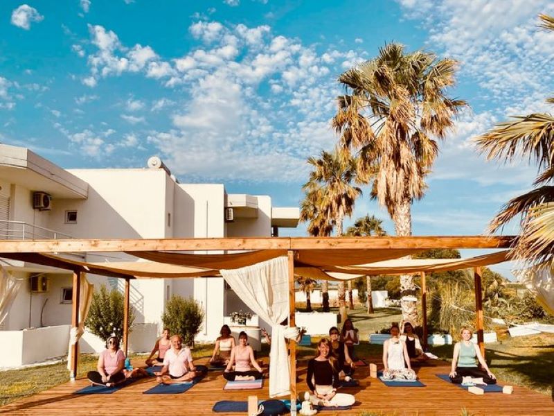 women doing yoga on an outdoor patio surrounded by palm trees