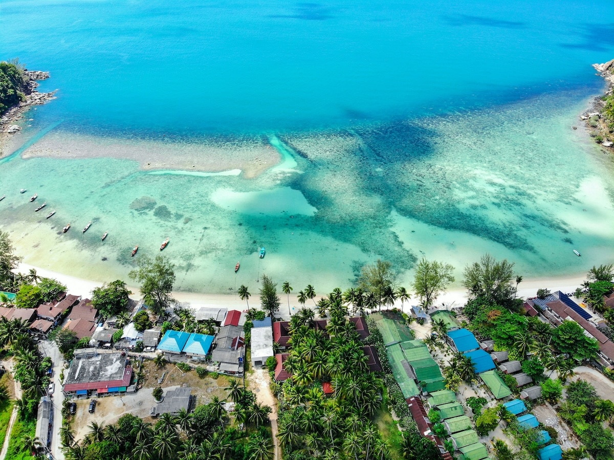 An aerial view of Wonderland Healing Center, an all-inclusive beachfront resort in Koh Phangan, Thailand. The resort, surrounded by lush tropical greenery, is set along a pristine beach with clear turquoise waters. The image highlights the beautiful coastline, dotted with small boats, and the resort's various buildings nestled among palm trees, offering vegan meals and holistic wellness programs.